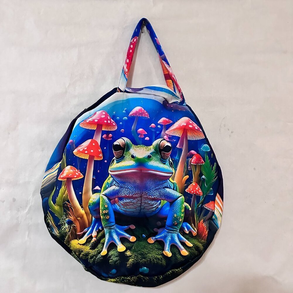 Psychedelic Mushroom Frog Gigantic Round Tote Huge Canvas Circle Bag 3D Festival - Picture 8 of 11